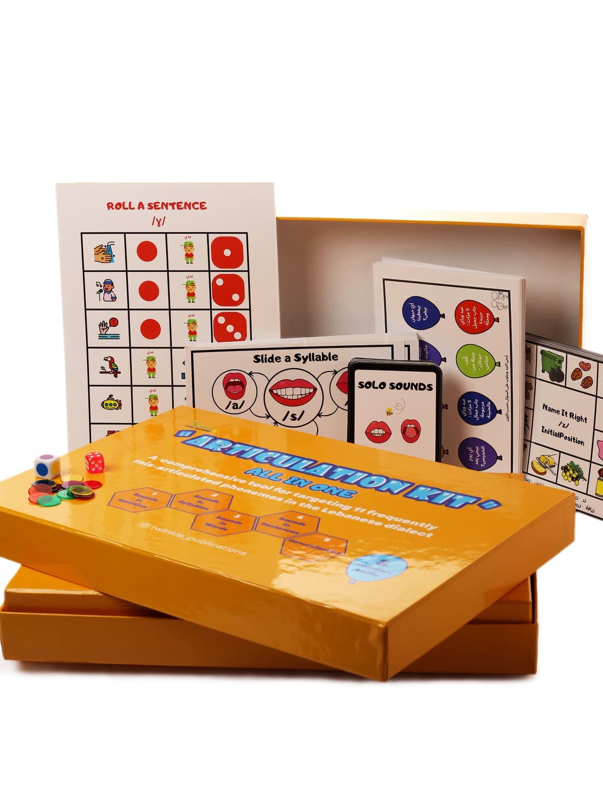 The Articulation Kit box open with Roll A Sentence, Slide a Syllable, Solo Sounds and Name It Right materials