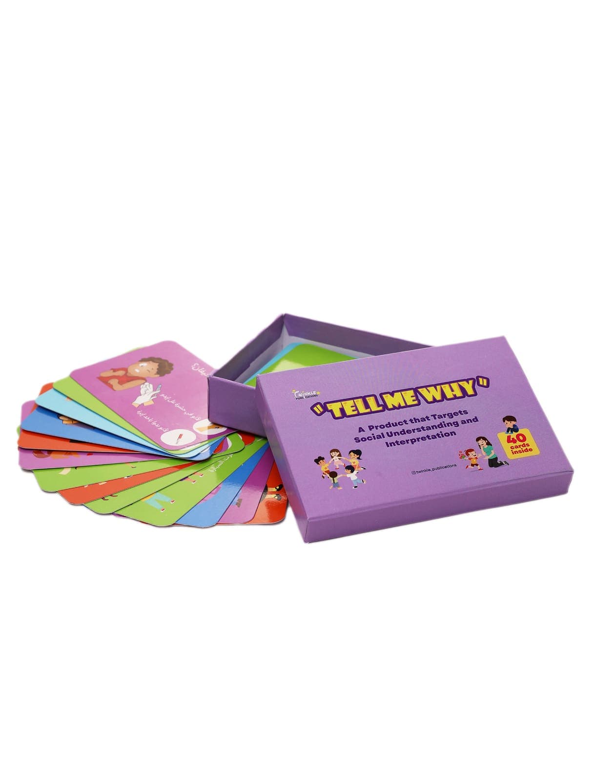 The Tell Me Why box with 40 cards fanned out